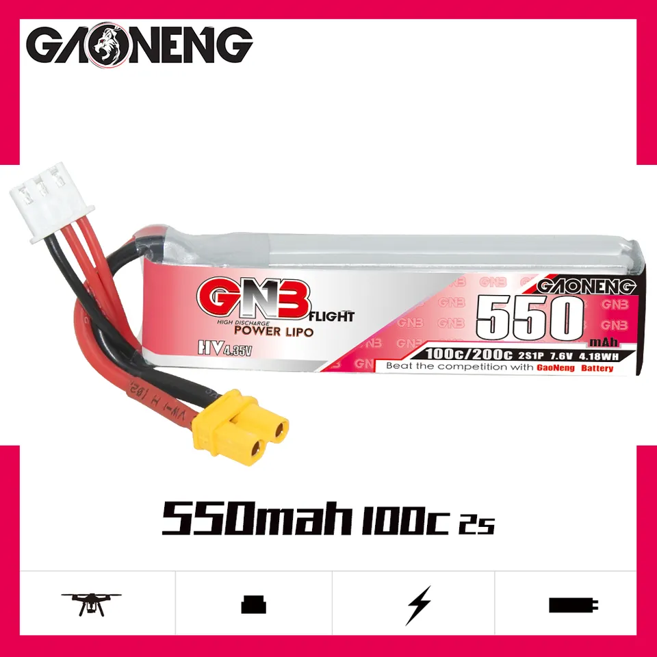 GAONENG GNB 2S 7.6V HV 550mah 100C XT30 LiPo Battery Lighting1 FPV Drone Helicopter Quadcopter